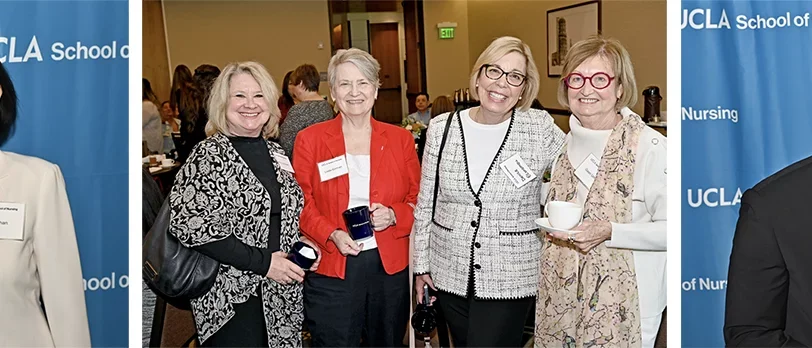 Three photos side by side. One featuring the Nursing dean and a donor. The second featuring facutly and supporters. And the third showing Marselis and Rachel Irving.